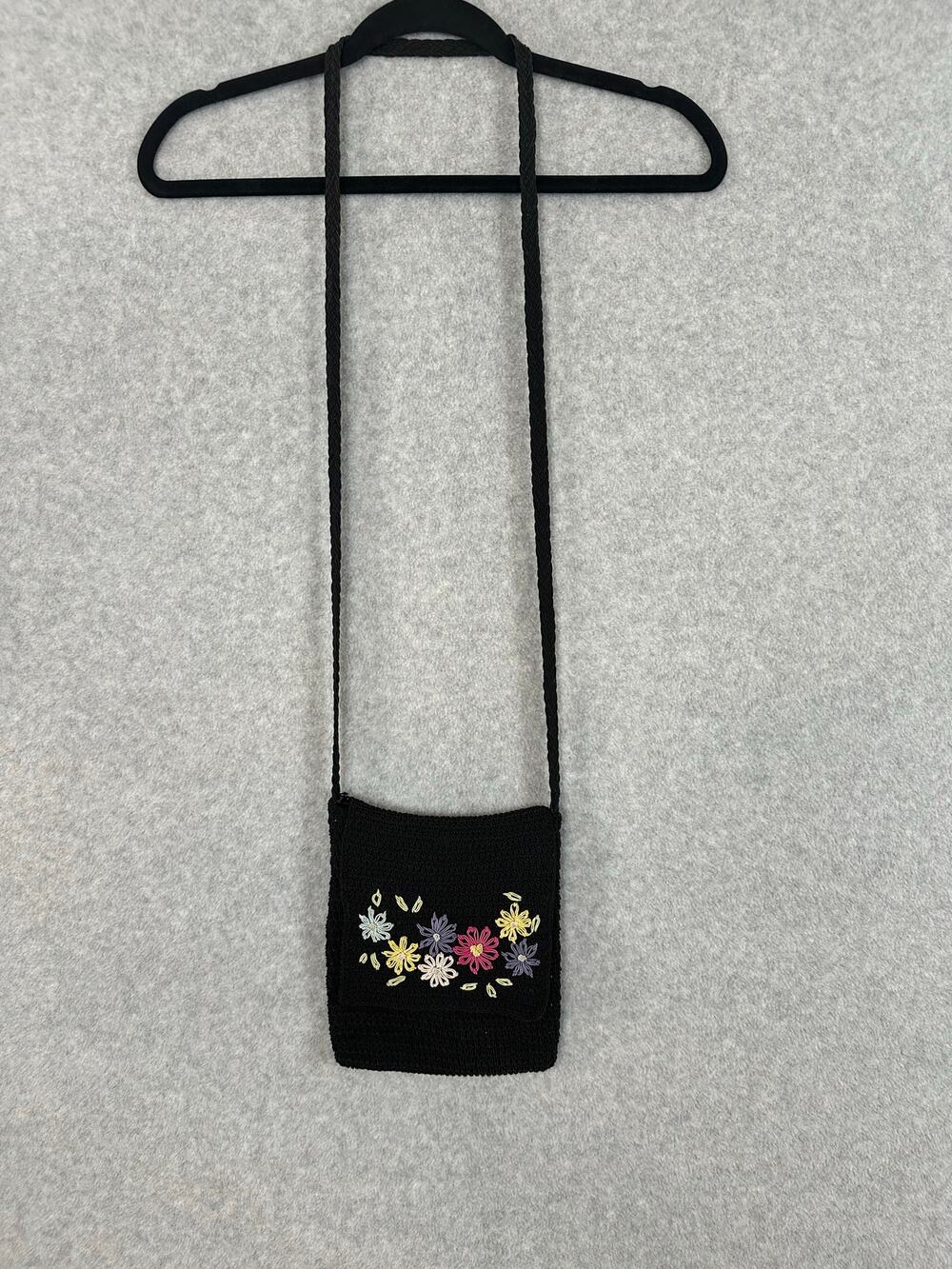 Kathie Lee Black Crochet Crossbody Purse Floral Embroidered Vintage Y2K